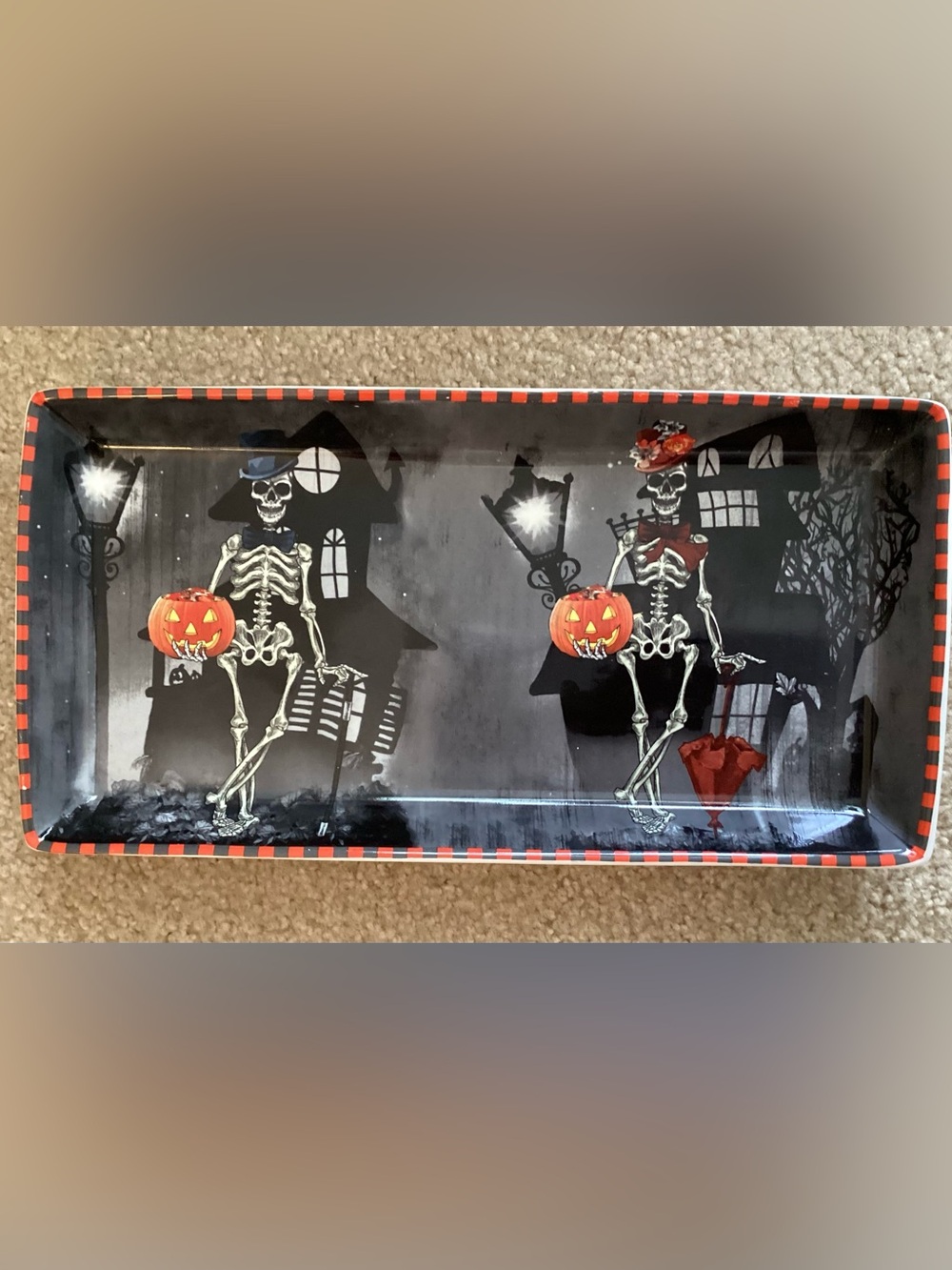 222 Fifth Dapper Skeleton Halloween Serving Tray 13”x7” - IEC